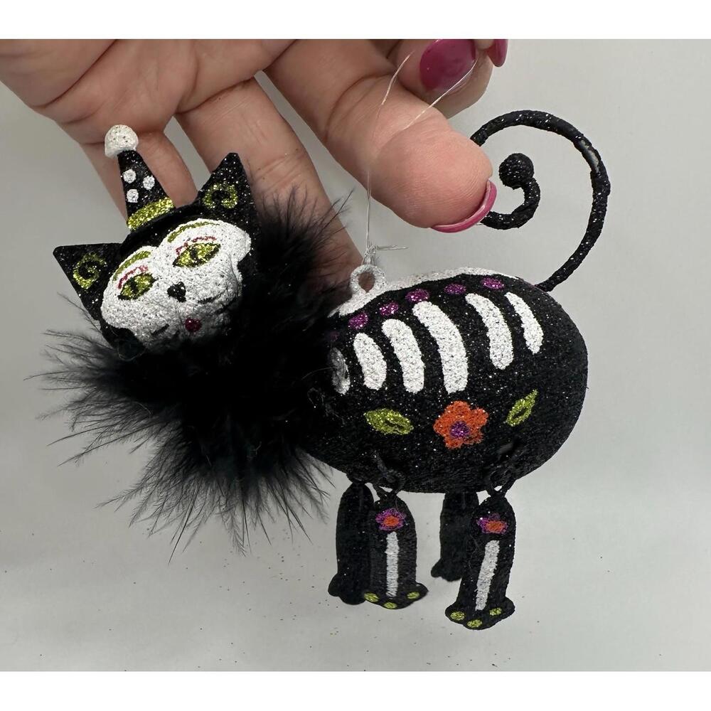 Pier 1 Imports Ornament Glitter Black Cat Skeleton for Halloween Tree Rare 4"